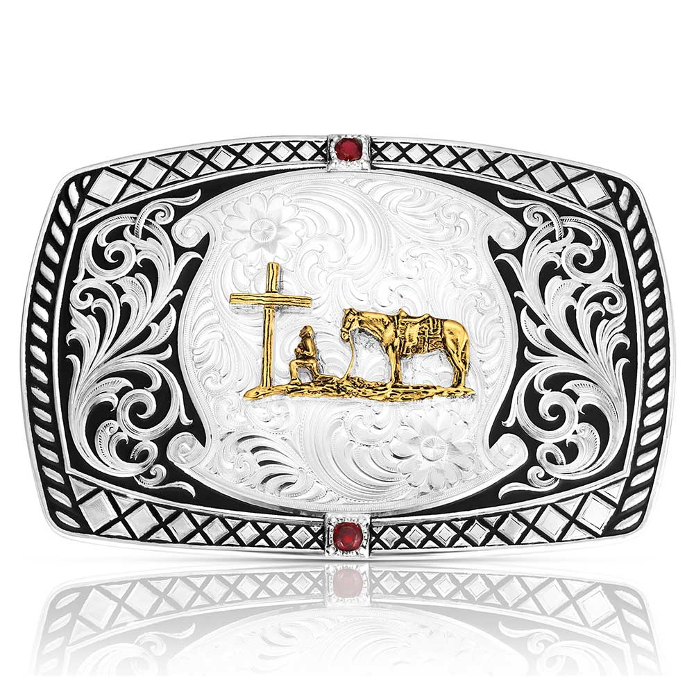 Midnight Range Buckle with Praying Cowboy | Montana Silversmiths Midnight Range Buckle with Praying Cowboy | Montana Silversmiths