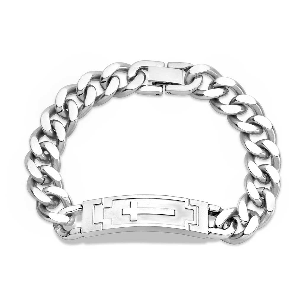 Men's Stainless Steel Two-Tone Cross ID Cuban Link Bracelet – 9 Inch, CZ Crystal Accents
