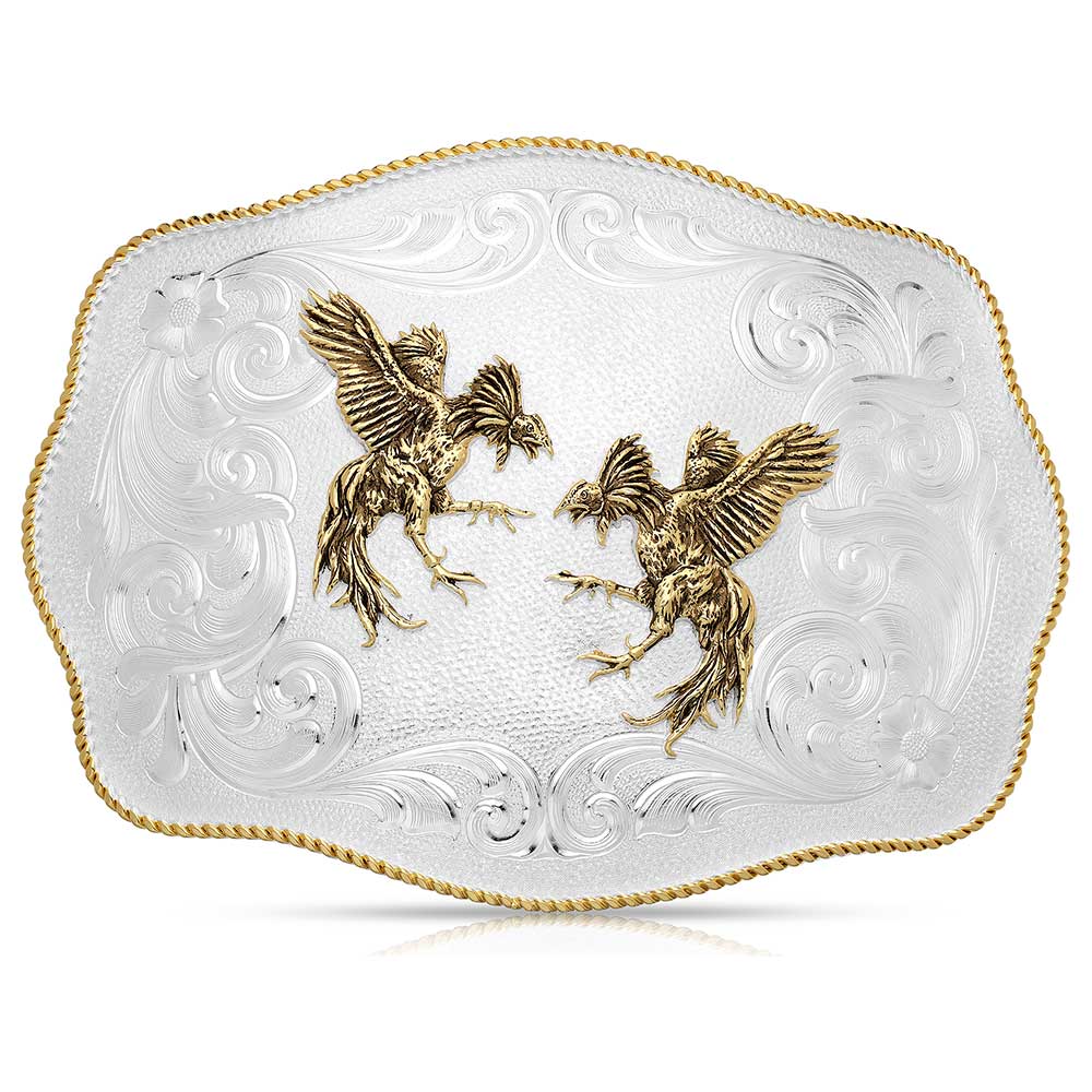Giant Scalloped Two Tone Belt Buckle With Fighting Roosters