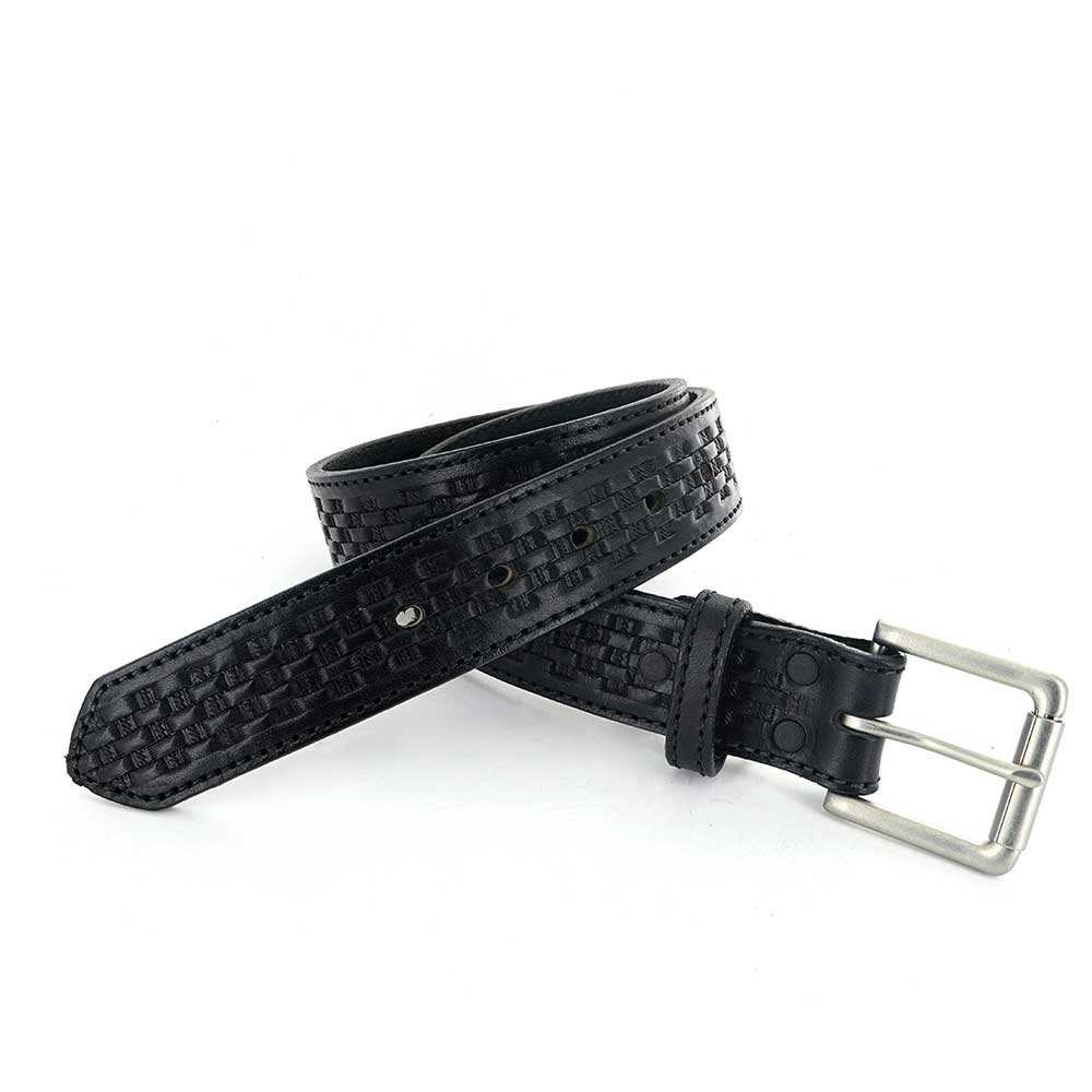 Black Basketweave Leather Buckle Belt