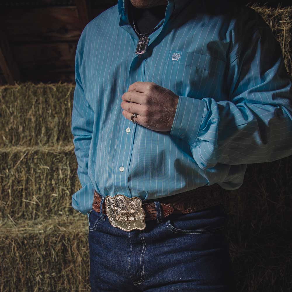 Bold Engraved Scalloped Buckle With Christian Cowboy