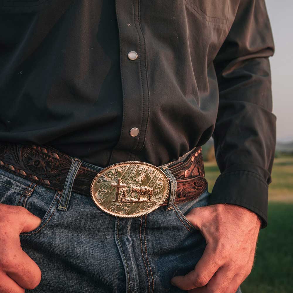 Striking Engraved Belt Buckle with Christian Cowboy Montana Silversmiths