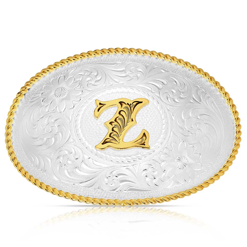 Initial Z Silver Engraved Gold Trim Western Belt Buckle | Montana