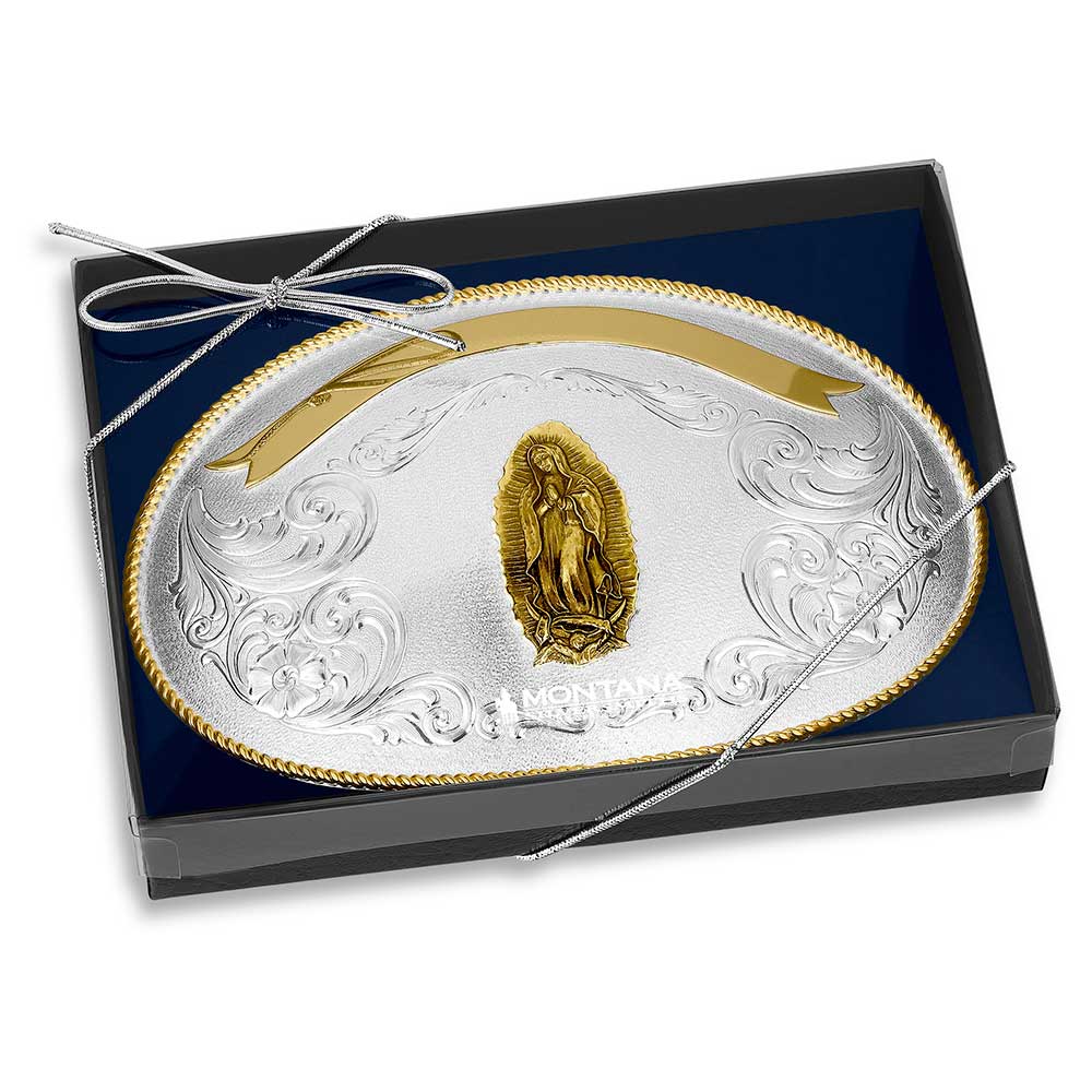 Giant Oval Two Tone Belt Buckle with Lady of Guadalupe