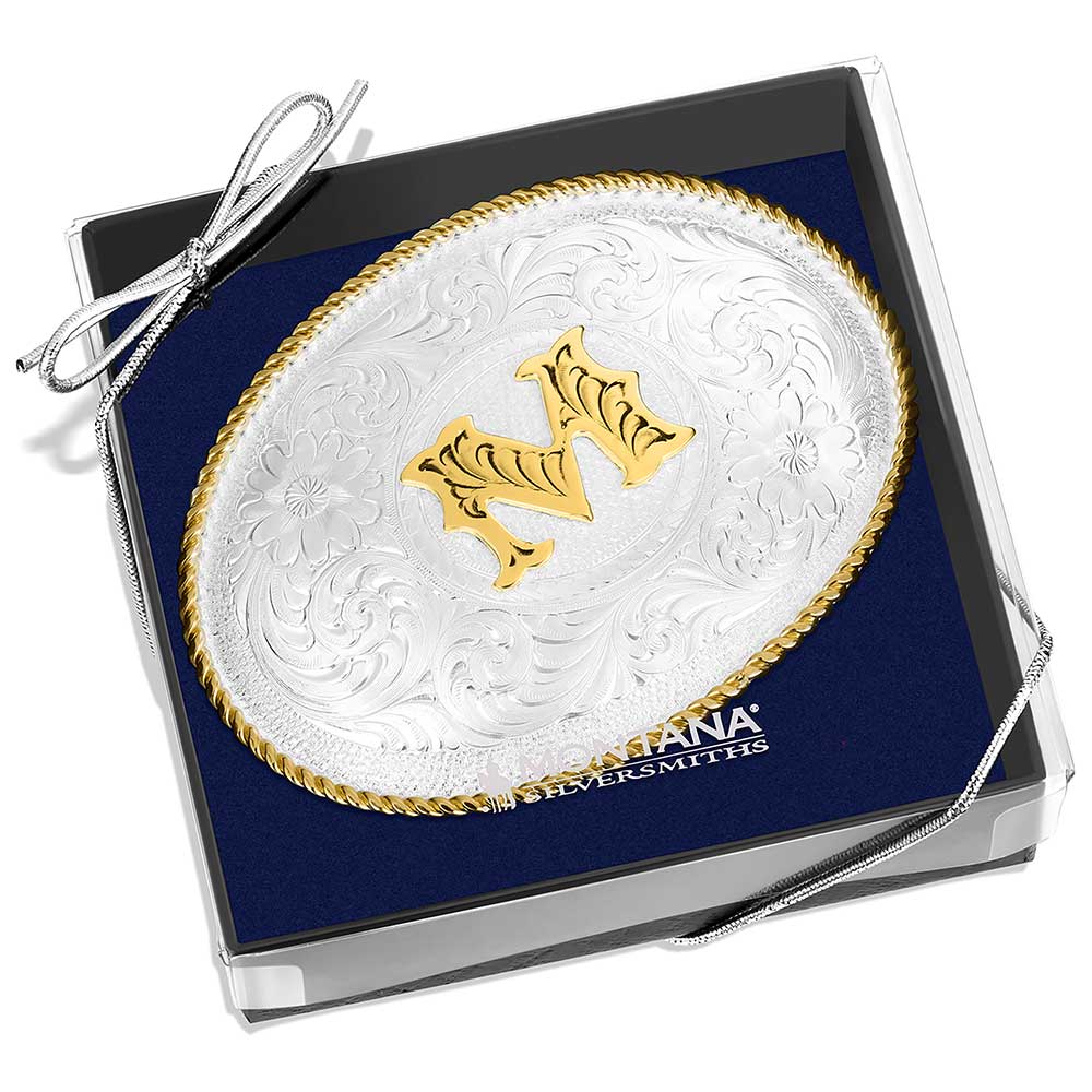 Initial M Silver Engraved Gold Trim Western Belt Buckle | Montana