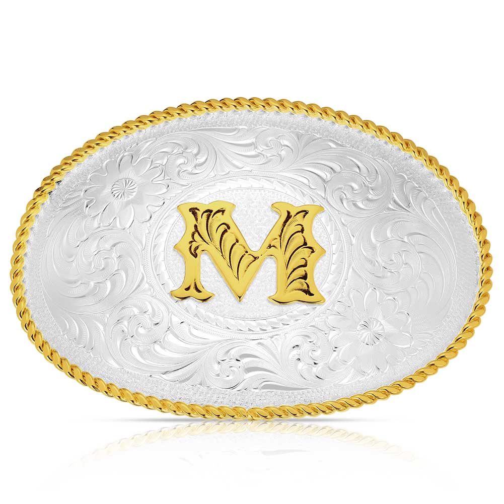 Initial M Silver Engraved Gold Trim Western Belt Buckle | Montana