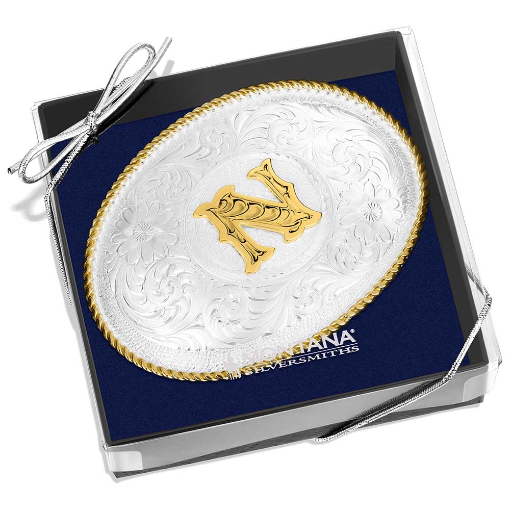 Initial N Silver Engraved Gold Trim Western Belt Buckle | Montana