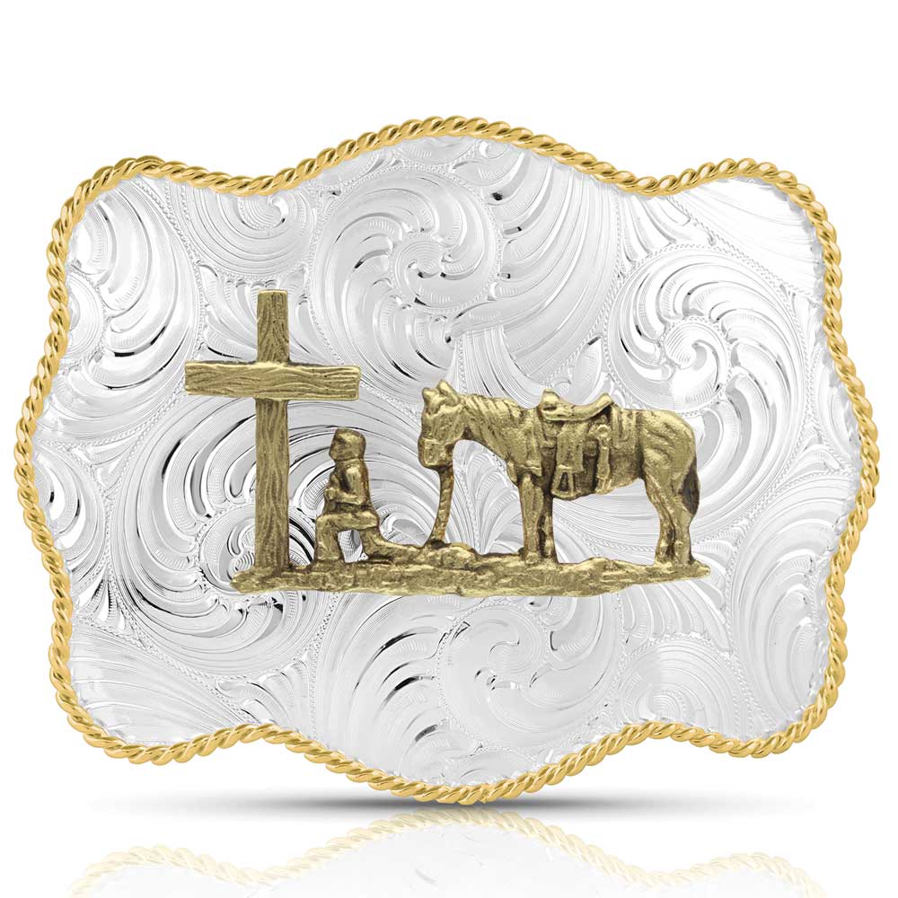 Bold Engraved Scalloped Buckle With Christian Cowboy