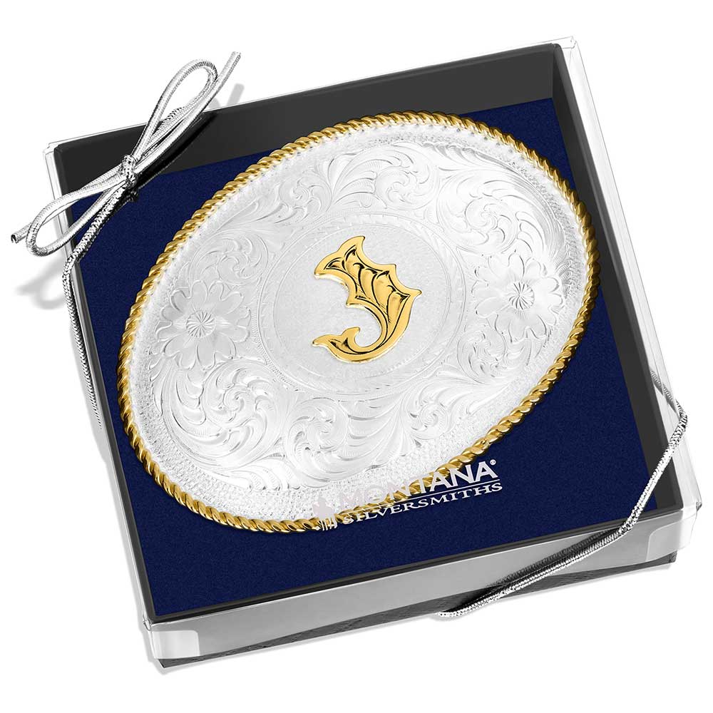 Initial J Silver Engraved Gold Trim Western Belt Buckle | Montana