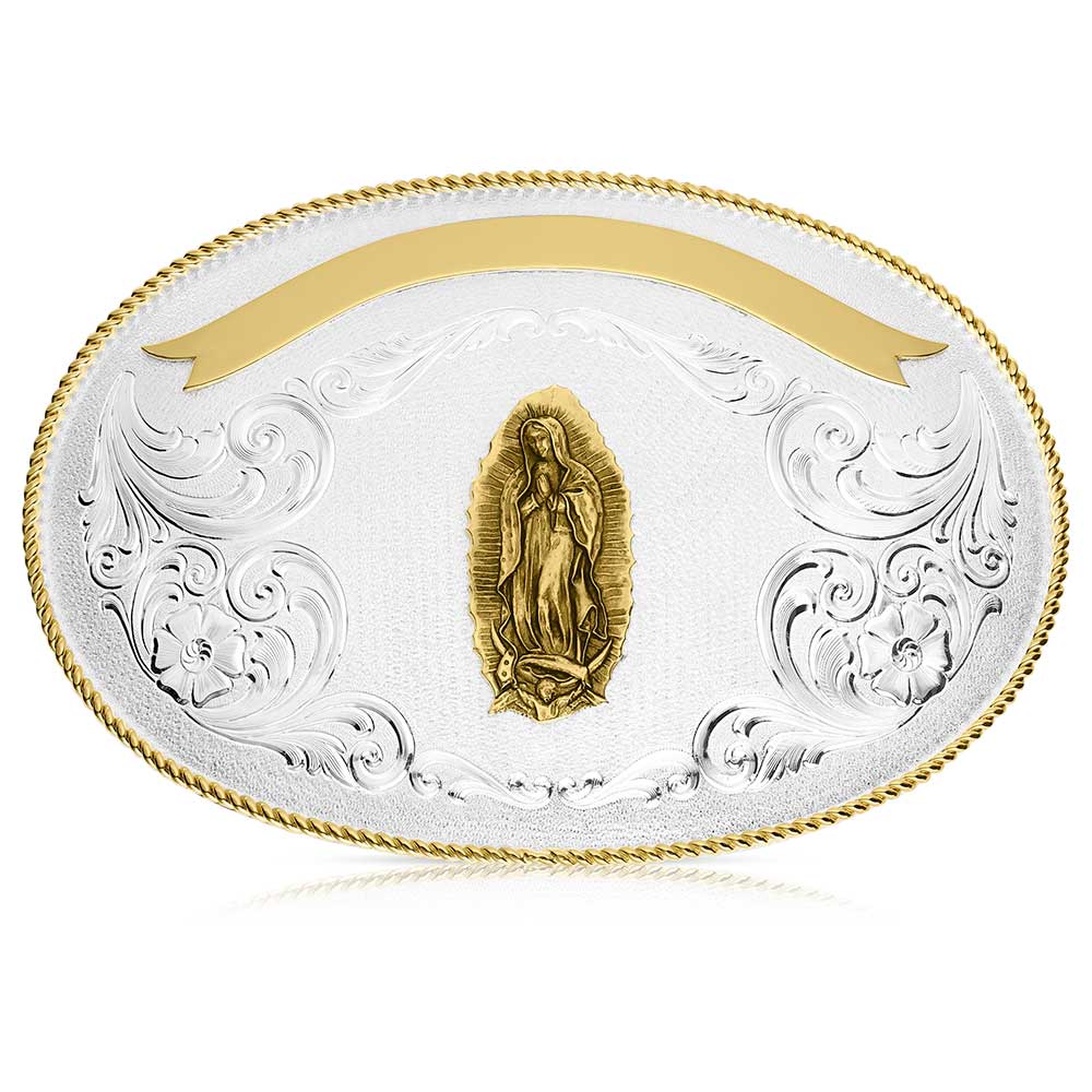 Giant Oval Two Tone Belt Buckle with Lady of Guadalupe