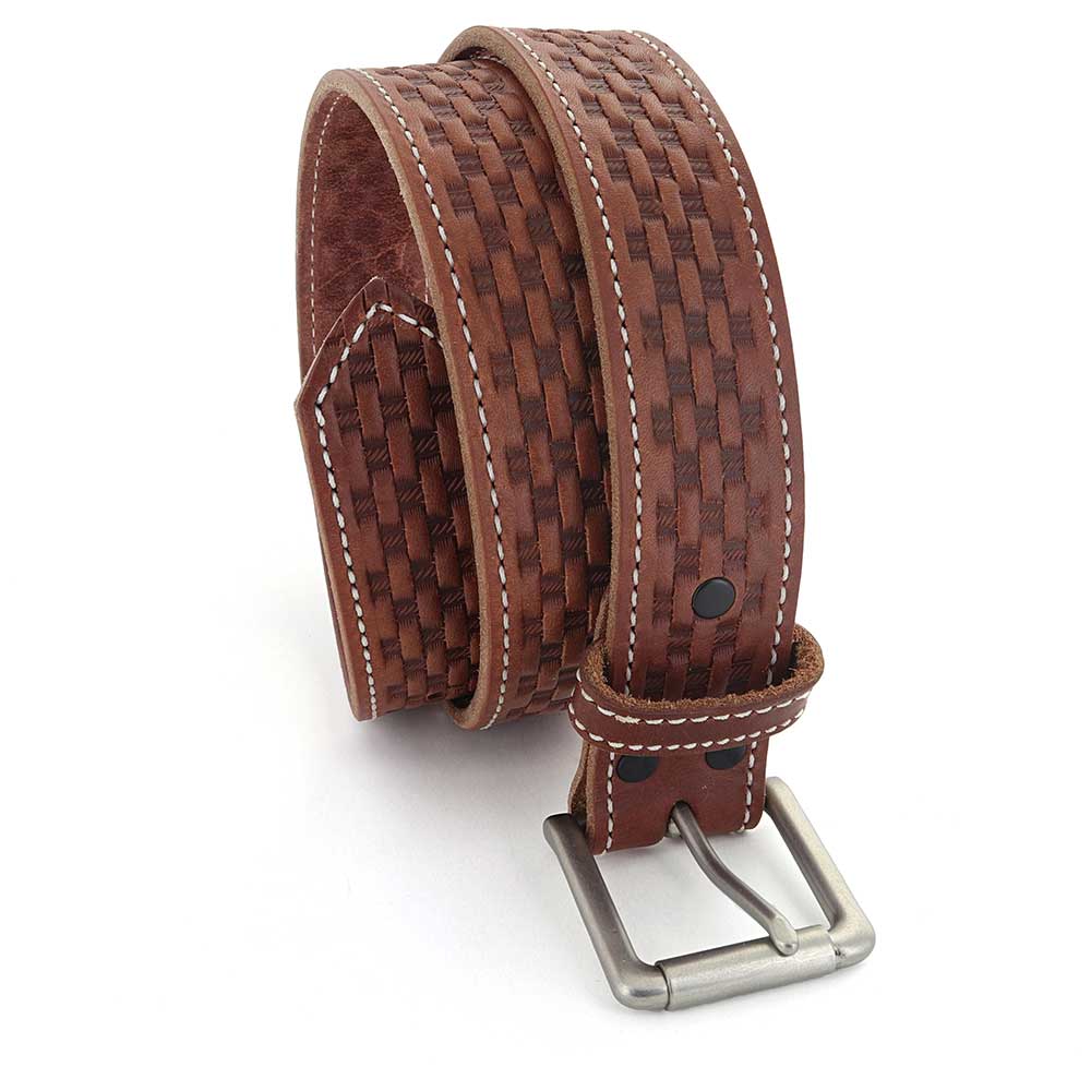 Dark Straw Brown Basketweave Leather Buckle Belt