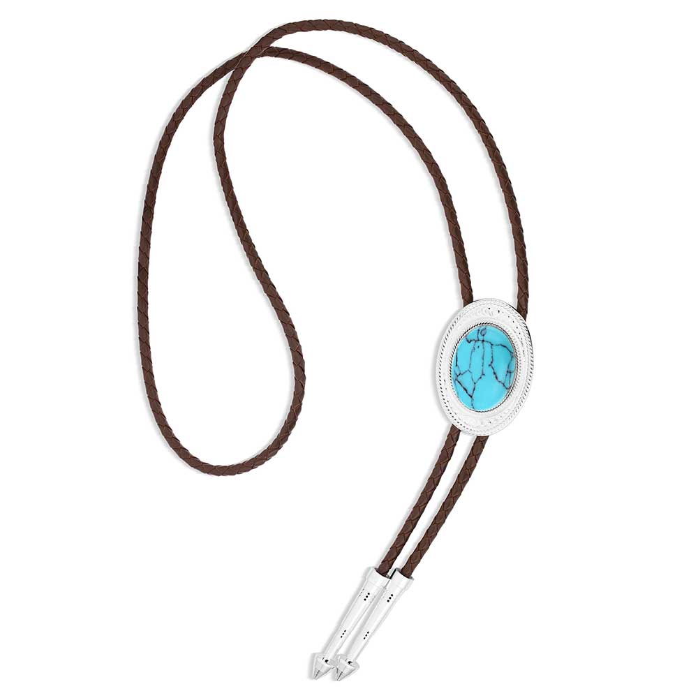 thumbnail image 2 of Montana Silversmiths Pioneer Turquoise Bolo Tie - Silver Plated With Leather Cord 2 of 10