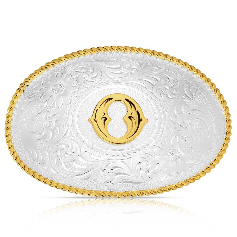 Initial O Silver Engraved Gold Trim Western Belt Buckle | Montana